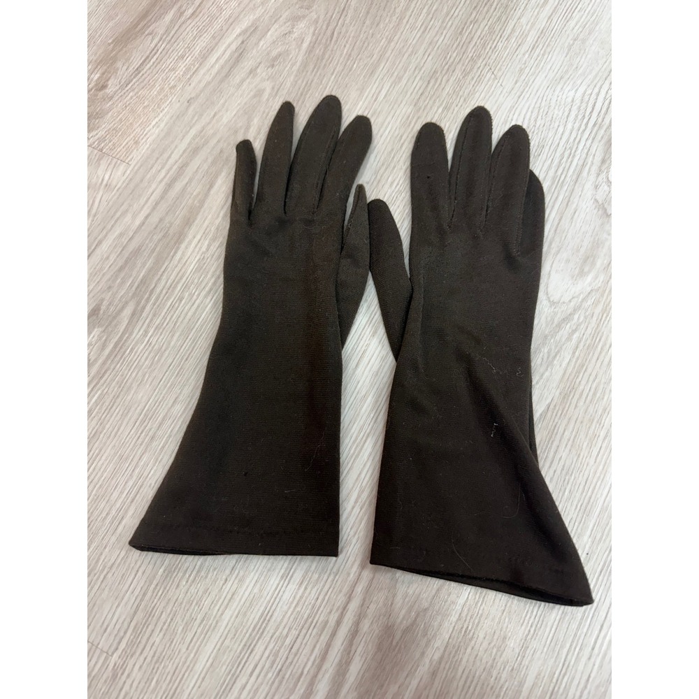 Vintage JC Penney Brown Nylon Gloves Mid Length Sleek Formal One Size Fits 6.5-8